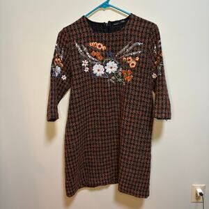 Zara Black and Orange Mini Dress with Floral Embroidery